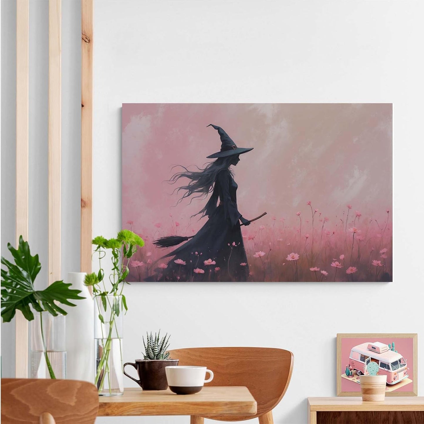 Witch in the pink sea of flowers Halloween prints weird flowers wall art silhouette painting fashionable romantic decoration suitable for bedroom20x30in Wood Framed