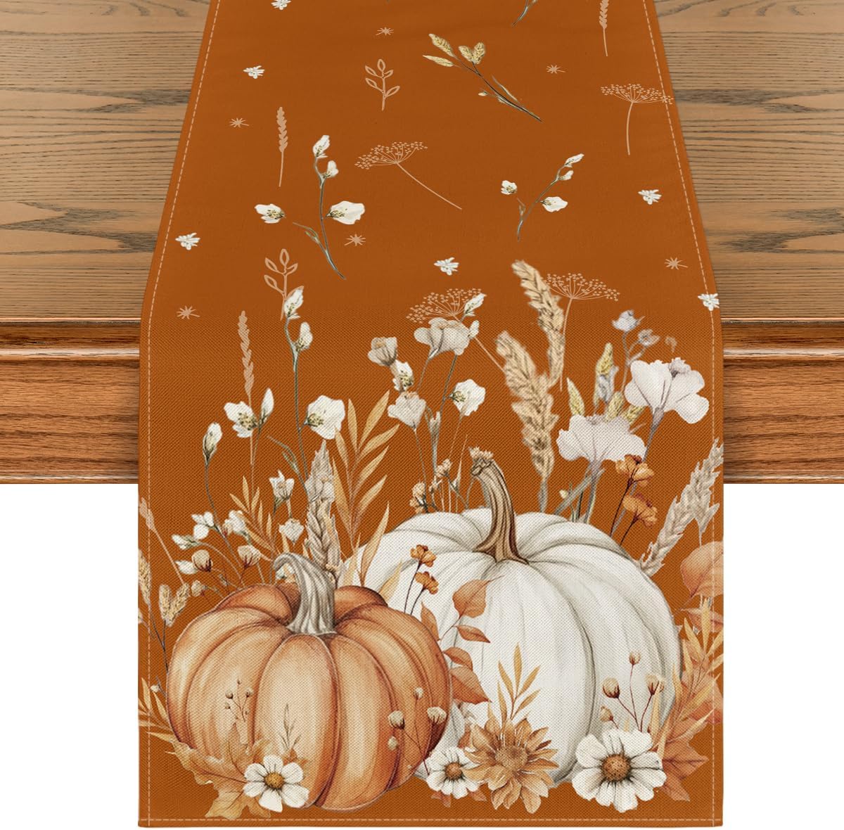 Artoid Mode Orange Pumpkins Leaves Flowers 210 GSM Fall Table Runner, Seasonal Autumn Kitchen Dining Table Decoration for Home Party Decor 13x108 Inch