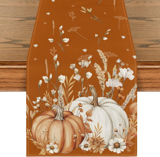Artoid Mode Orange Pumpkins Leaves Flowers 210 GSM Fall Table Runner, Seasonal Autumn Kitchen Dining Table Decoration for Home Party Decor 13x60 Inch