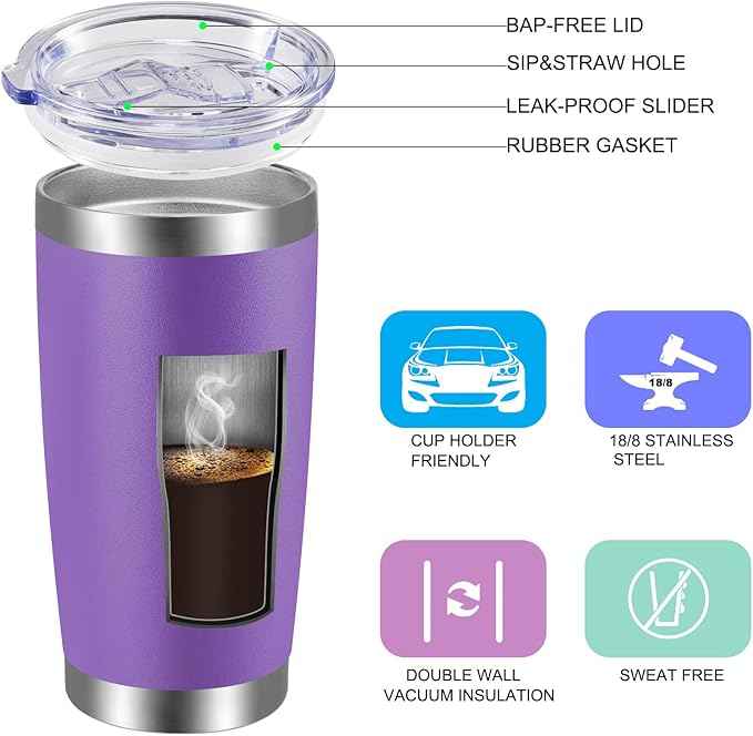 VEGOND 20oz Tumbler with Lid and Straw Stainless Steel Tumbler Cup Vacuum Insulated Double Wall Travel Coffee Mug Powder Coated Coffee Cup, Purple, 1 Pack