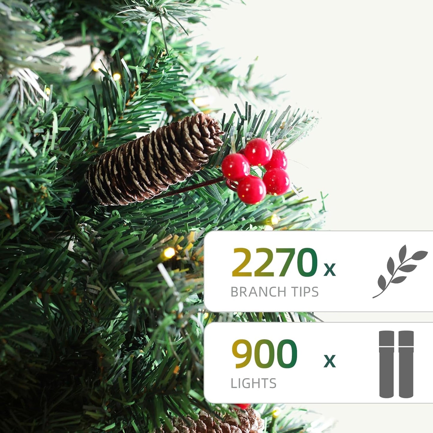 Prelit Christmas Tree with Lights 9ft - Premium Artificial Christmas Tree, with 2270 Branch Tips and 900 Warm Lightsm, Support Automatique, Easy Assembly,Perfect Choice for Xmas Decorations