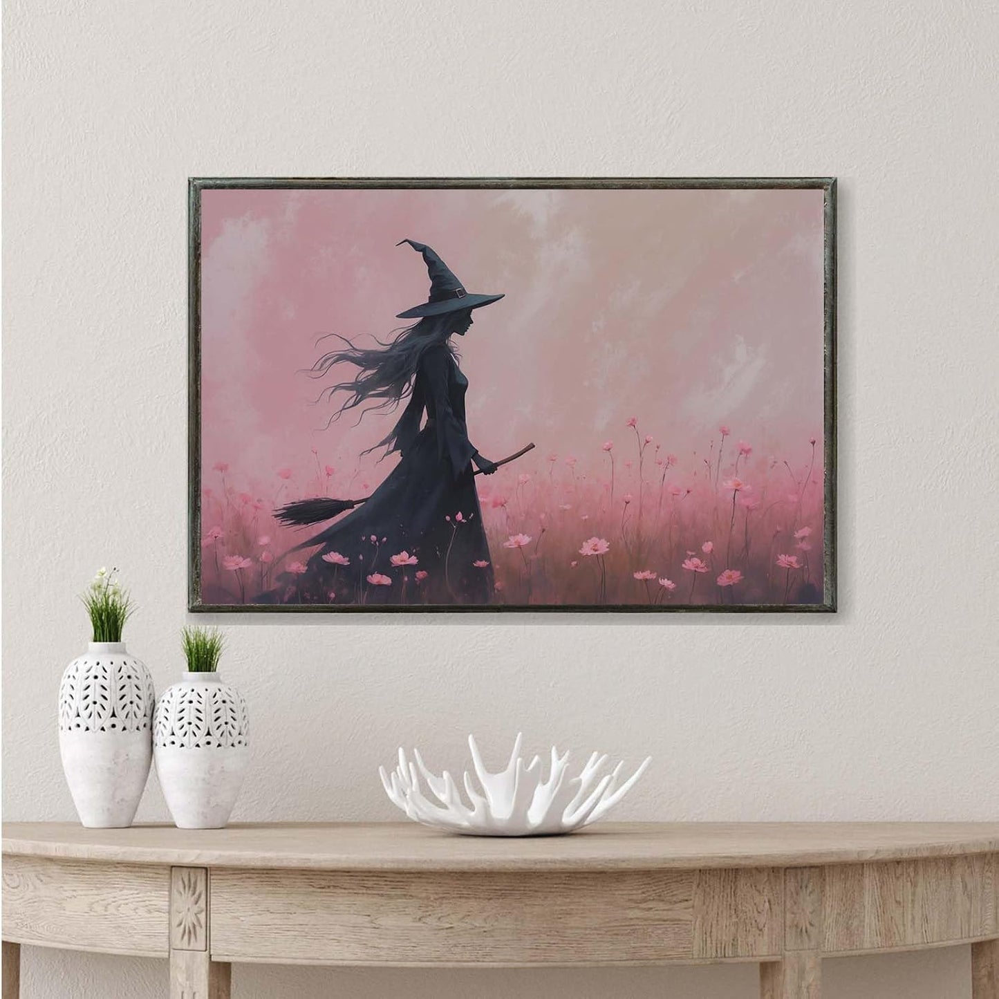 JFHCQJPK Witch in the pink sea of flowers Halloween prints weird flowers wall art silhouette painting fashionable romantic decoration suitable for bedroom24x36in Metal blackFramed