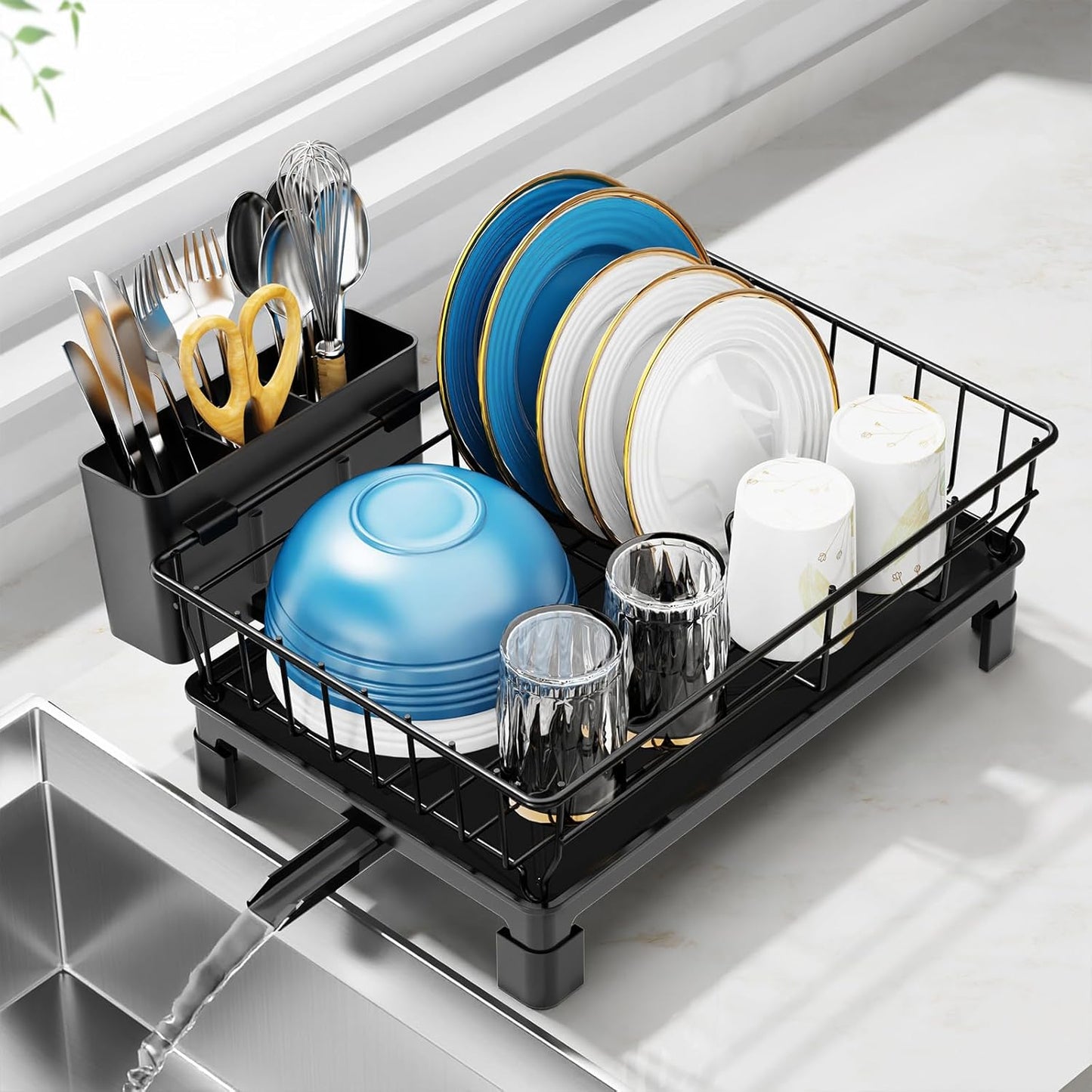 GSlife Small Dish Drying Rack for Kitchen Counter with Drainboard - Compact Dish Drainer for RV, Camper and Apartment, Rust-Resistant Wire Rack with Utensil Holder, 15"L x 10"W, Black