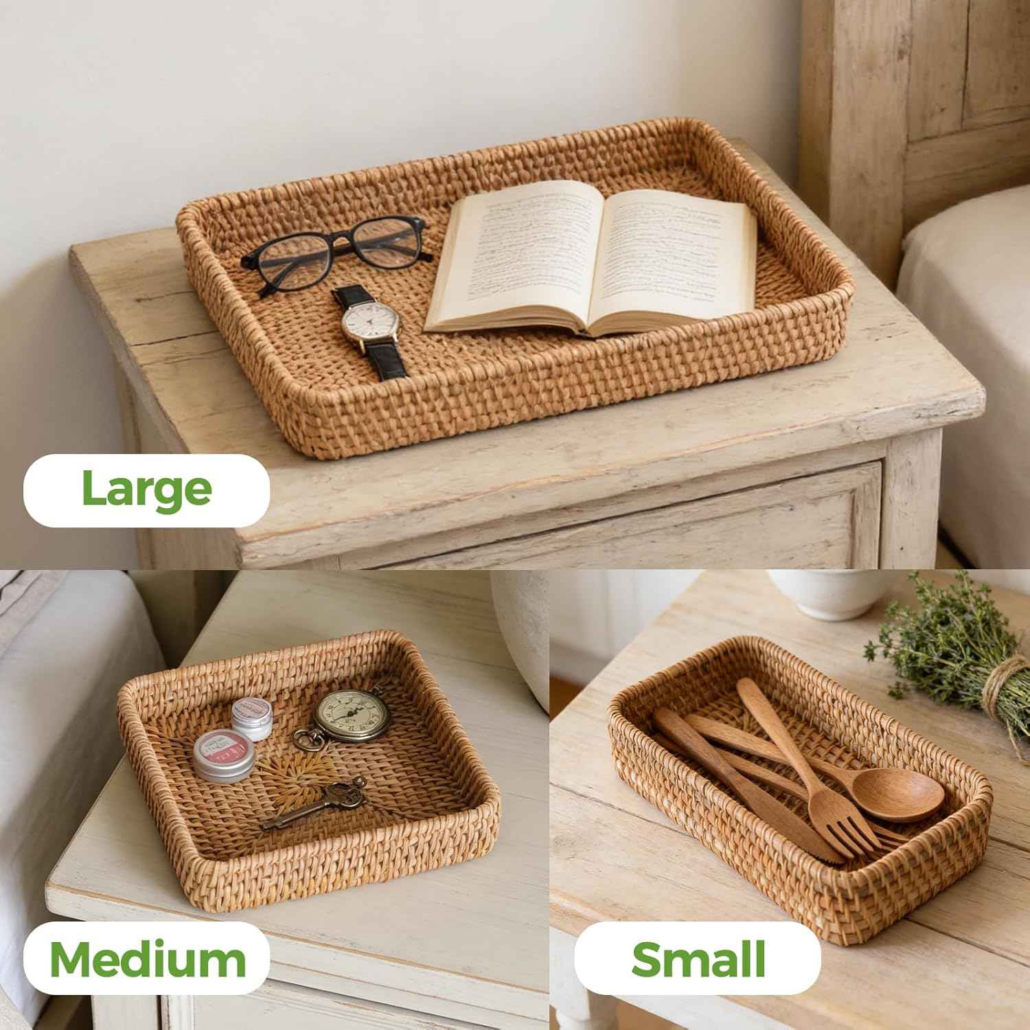 Rattan Serving Tray, Rectangle Basket Set of 3, Wicker Storage and Organizing Baskets, Natural Decorative Woven Tray for Home Decor, Bathroom, Kitchen Counter