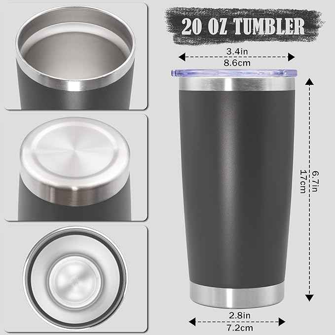 20 oz Tumbler Coffee Travel Tumblers Bulk with Lid Stainless Steel Double Wall Vacuum Insulated Mug Powder Coated Cups fit Car Cupholder for Hot and Cold - Grey, 8Pack