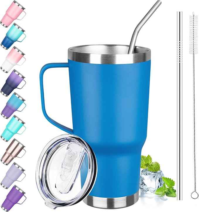 30 oz Tumbler with Handle, Stainless Steel Insulated Tumbler with Lid and Straw, Double Wall Vacuum Coffee Mug Tumbler, Insulated Coffee Thermal Cup for Cold and Hot (Sea Blue)