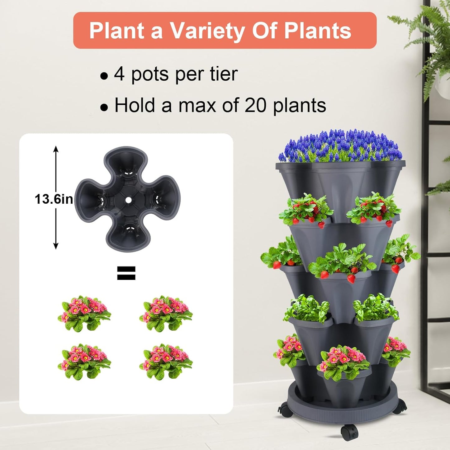 DUNCHATY Stackable Planter, Vertical Garden Planter with Wheels and Tools, Self Watering Strawberry Indoor/Outdoor 5 Tier Tower Herb for Growing Vegetables Succulents, Dark Gray