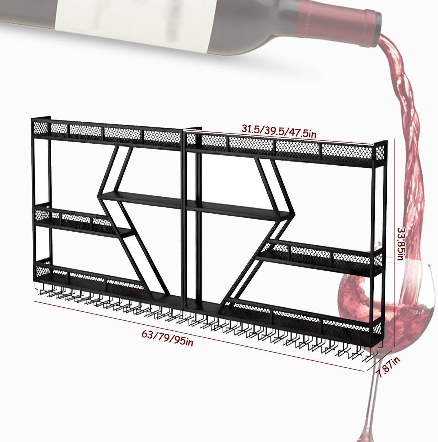 Wall Mounted Wine Rack with Glass Holder, 3-Tier Metal Storage Shelf, Black Diamond Design, Wine Bottle Display with Stemware Storage (Black, 63in/160cm)