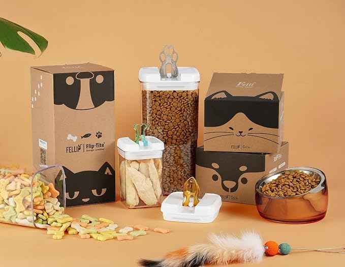 Felli Flip Tite Pet Food Container with Airtight Lids, BPA FREE Acrylic Canister with Paw Bone Fish Flip Top Handles for Cat Dog Kibble Treats Storage, Keep Fresh (Pet Collection Nest-L3pk)