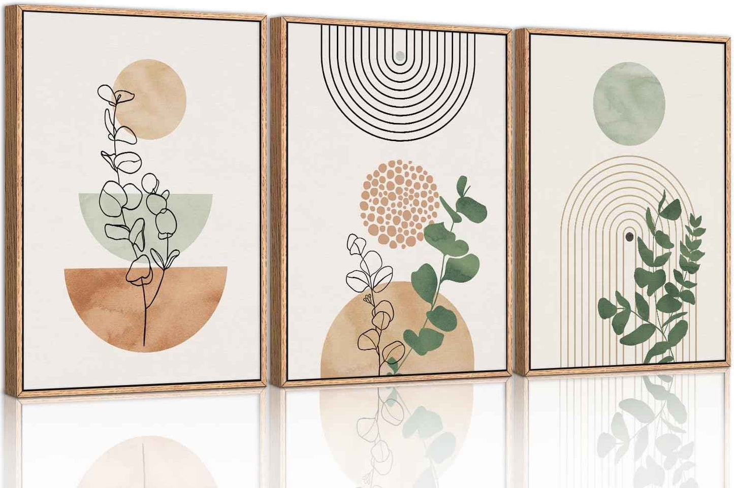 Boho Terracotta Green Framed Canvas Wall Art Set, Abstract Plant Wall Decor, Mid Century Modern Geometric Wall Painting, Neutral Abstract Art Print to Living Room, Bedroom, Office 36"x24"x3