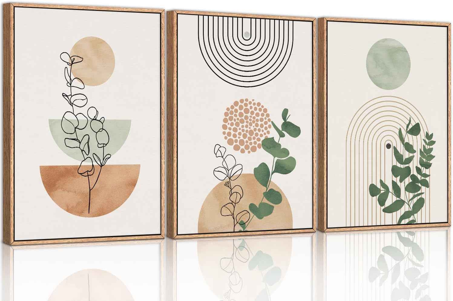 Boho Terracotta Green Framed Canvas Wall Art Set, Abstract Plant Wall Decor, Mid Century Modern Geometric Wall Painting, Neutral Abstract Art Print to Living Room, Bedroom, Office 36"x24"x3