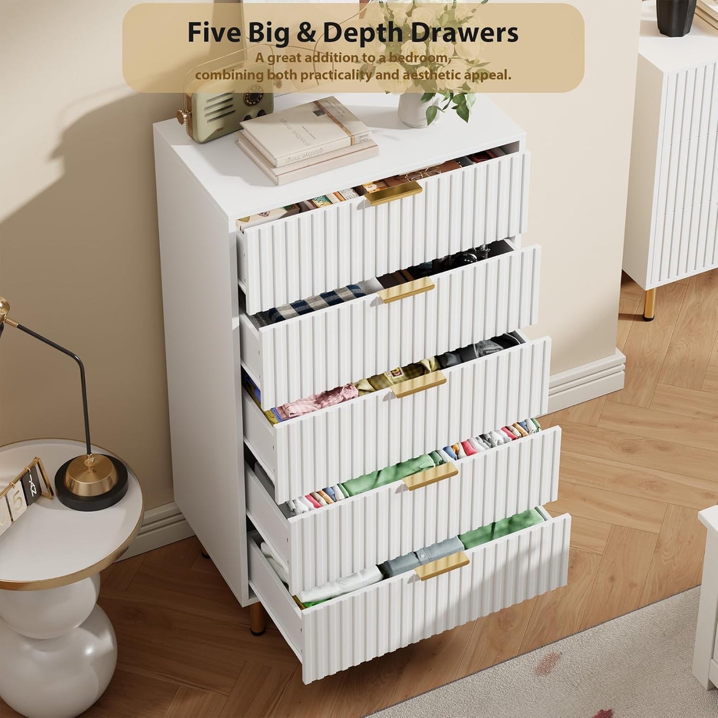 GarveeHome Fluted 5 Drawer Dresser for Bedroom, 47.2" Tall Modern Chest of Drawers with Deep Drawers and Wide Top, Wooden Dresser Organizer for Living Room, Hallway, Kids Room, White