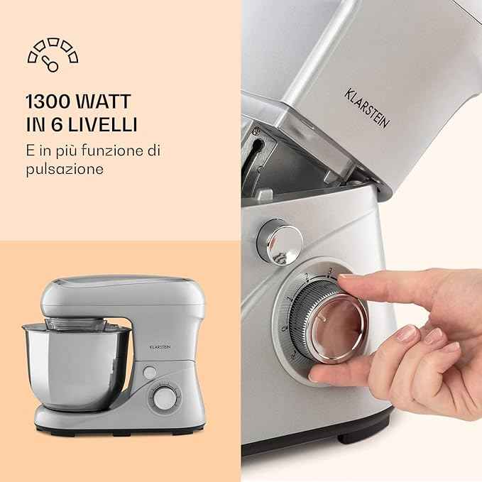 Impastatrice planetaria 5 litri con ciotola 1300w klarstein planetaria professionale TK2-BellaPico2GSilv