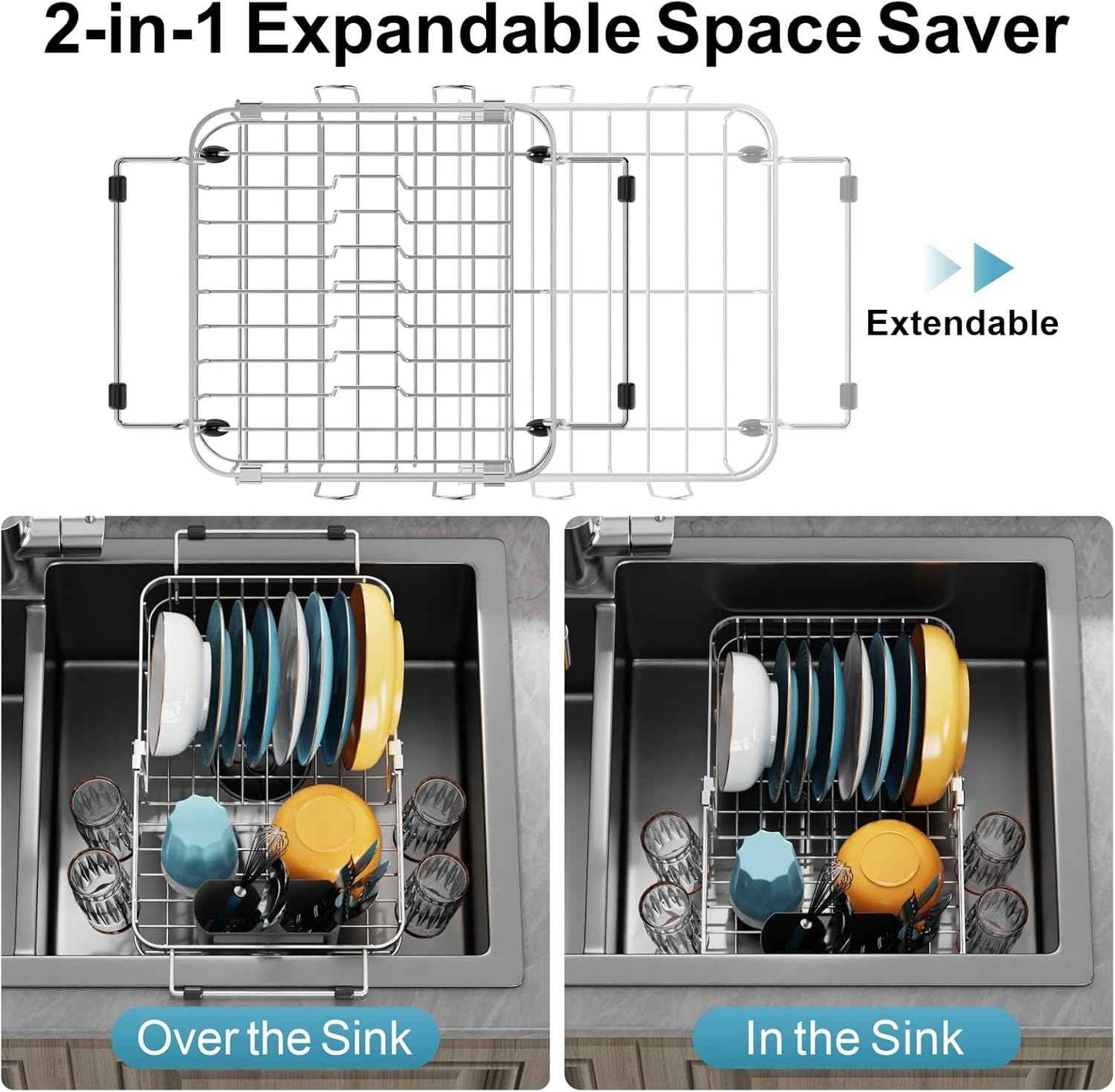 GSlife Small in Sink Dish Drying Rack - Expandable Stainless Steel Compact Over The Sink Dish Drainer with Utensil Holder for RV Kitchen Apartment, Silver