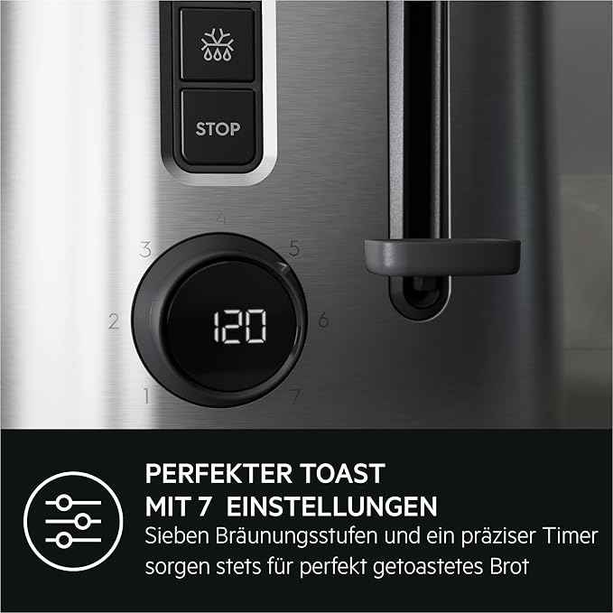 AEG T5-1-4ST Toaster Deli 5/7 Toaster Settings/Countdown Timer/Stop, Defrost, Warm-up Button/Auto Centering/Cool-Touch Case/Wide Slots/Crumb Tray/Stainless