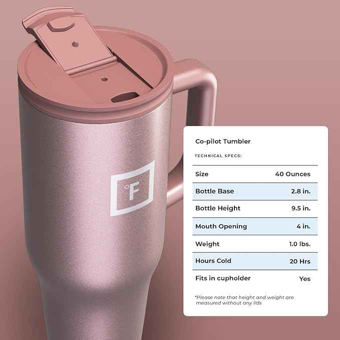 IRON °FLASK Co-Pilot Insulated Mug w/Straw & Flip Cap Lids - Cup Holder Bottle for Hot, Cold Drink - Leak-Proof - Water, Coffee Portable Travel Mug - Rose Gold, 40 Oz