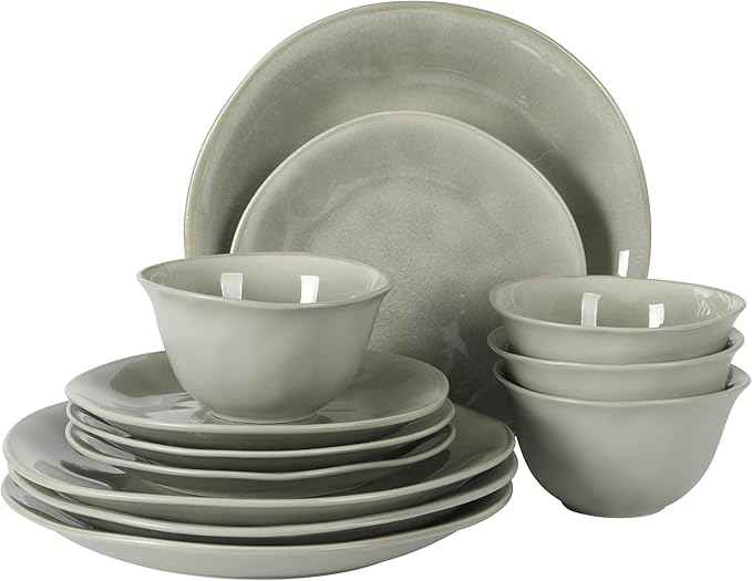 Gibson Elite Port Barton Plates and Bowls Sets, 12-Piece Stoneware Dinnerware Sets, Reactive Glaze Dish Set - Green