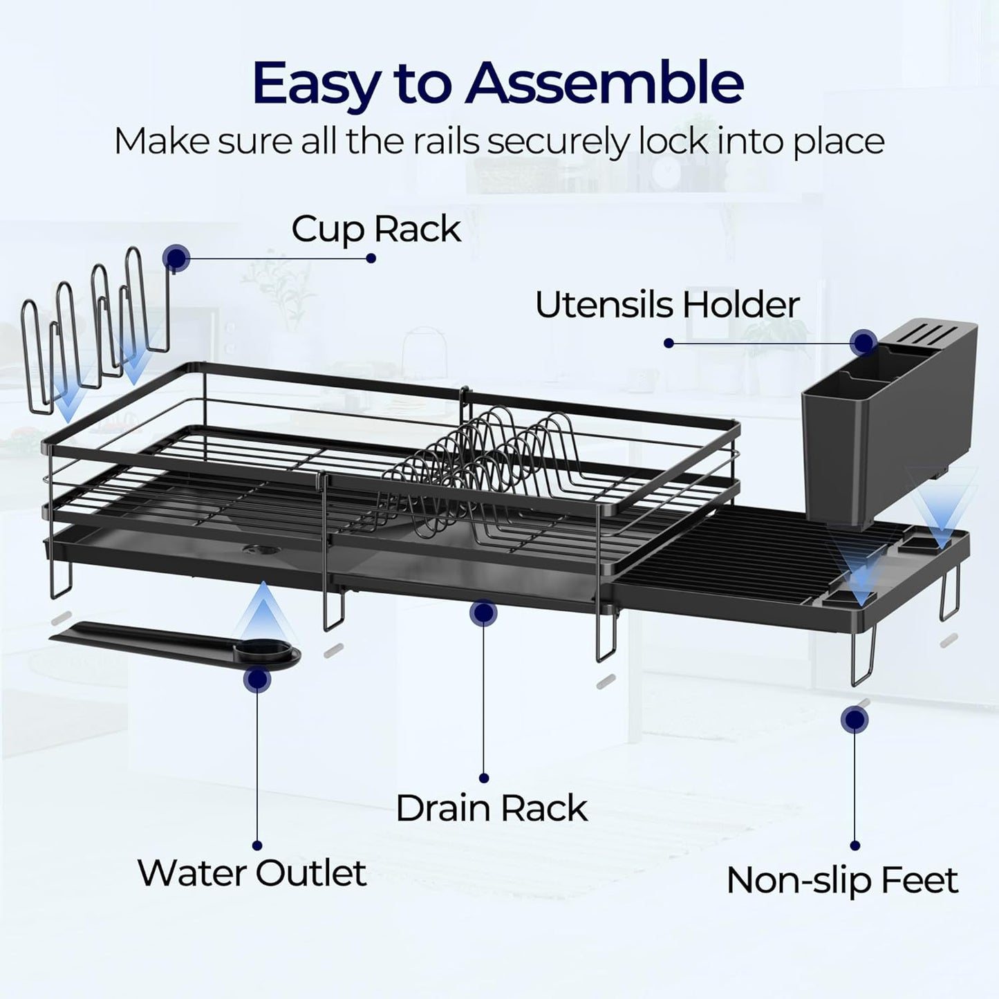 Large Dish Drying Rack, Expandable Dish Rack for Kitchen Counter, Dish Drainer with Drainboard Set, Multifunctional Dishrack with Utensil & Cup Holder, 13.4"-28.7" L x 11.8" W x 7.8" H, Black