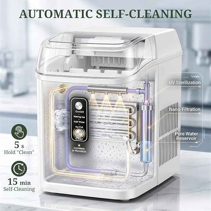 Nugget Ice Maker Countertop, 6-Min Fast Chewable Pellet Ice, 24lbs/24H Portable Ice Machine with Self-Cleaning, Ice Full & Low Water Indicator, Basket & Scoop for Home, Party, RV, Camping (White)