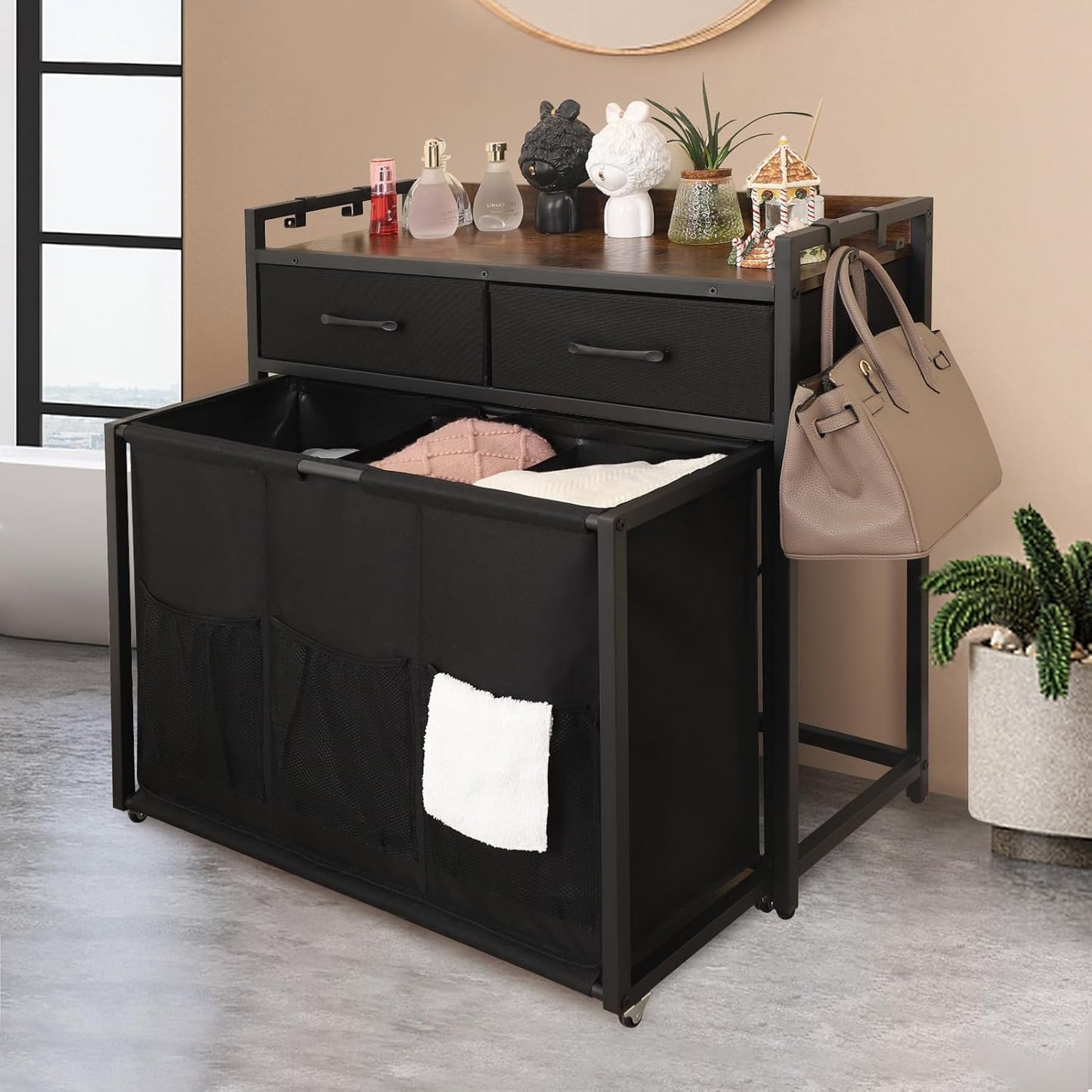 Rolling Laundry Sorter with wheels, Laundry Hamper 3 Section with shelf - 3 × 10.5 Gal (120L) Capacity, Laundry Basket with Drawers for Clothes-1 Storage Shelf, Laundry Organizer for Laundry Room