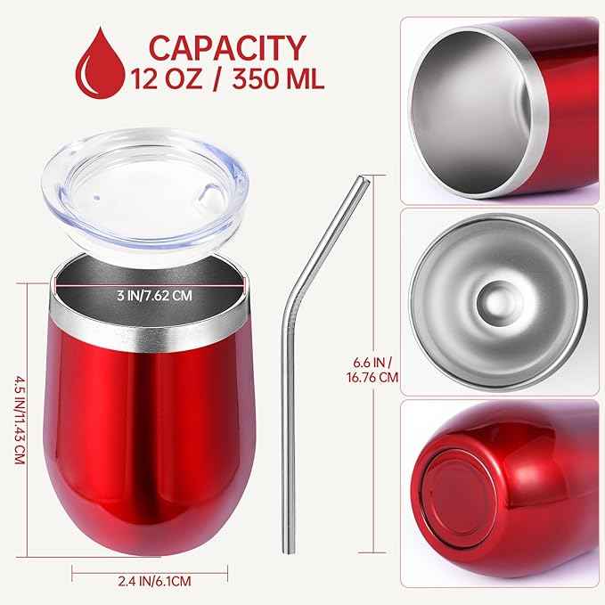 Volhoply 12oz Stainless Steel Wine Tumbler with Lid and Straw,Double Wall Vacuum Insulated Stemless Wine Glasses,Reusable Travel Coffee Mug for Cold Drinks,Small Tumblers Gifts for Her Him（Red,1 Set）