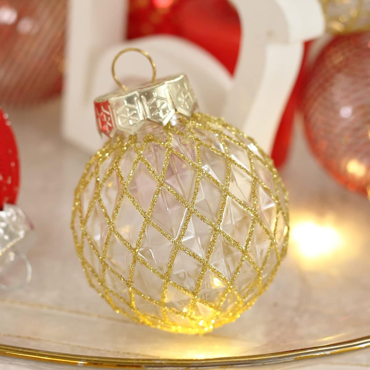 25PCS Christmas Ornaments Set, 2.36"/6CM Clear Plastic Shatterproof Christmas Ball Hanging Ornaments for Xmas Tree Decorations, for Indoor Home Party Holiday Decor - Red/Gold.