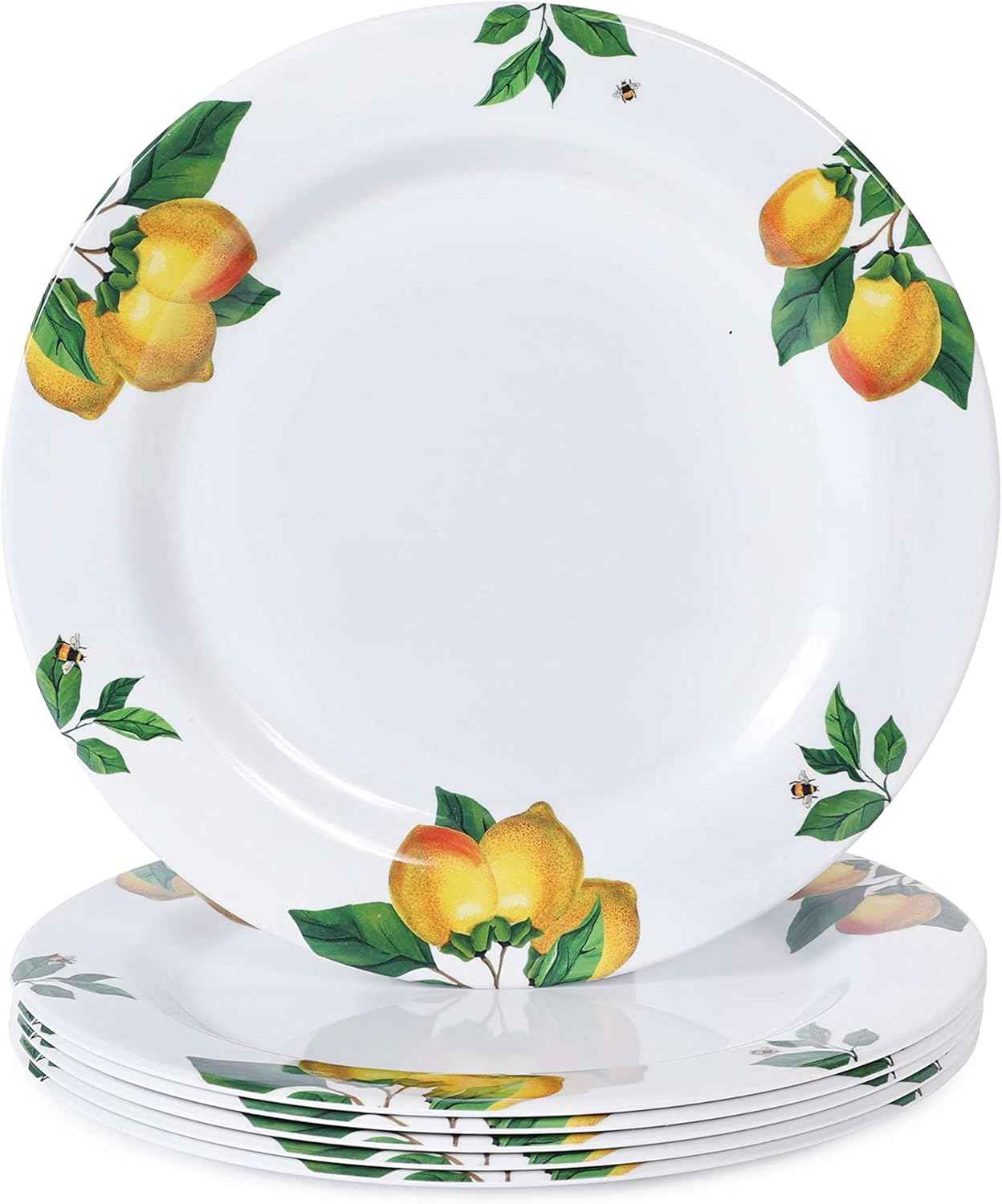 Melamine Dinner Plates 10 Inch – Lemon Print Design Dishes Set of 6,Outdoor & Indoor Use,Shatterproof & Dishwasher Safe,Perfect for Picnic, Patio, and Everyday Dining,White
