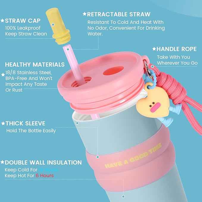 24 oz Stainless Steel Tumbler with Straw, Water Bottle Leak Proof for Hot and Cold, Insulated Coffee Travel Mug, Ceramic Lined Tumbler, Reusable Thermal Coffee Cup Gift for Women (Blue)