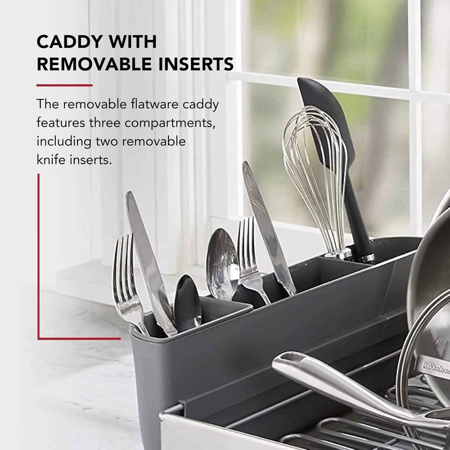 KitchenAid Large Capacity, Fully Size Self Draining Rust Resistatant Satin Coated Dish Rack with Removable Flatware Caddy 20.47-Inch, Gray