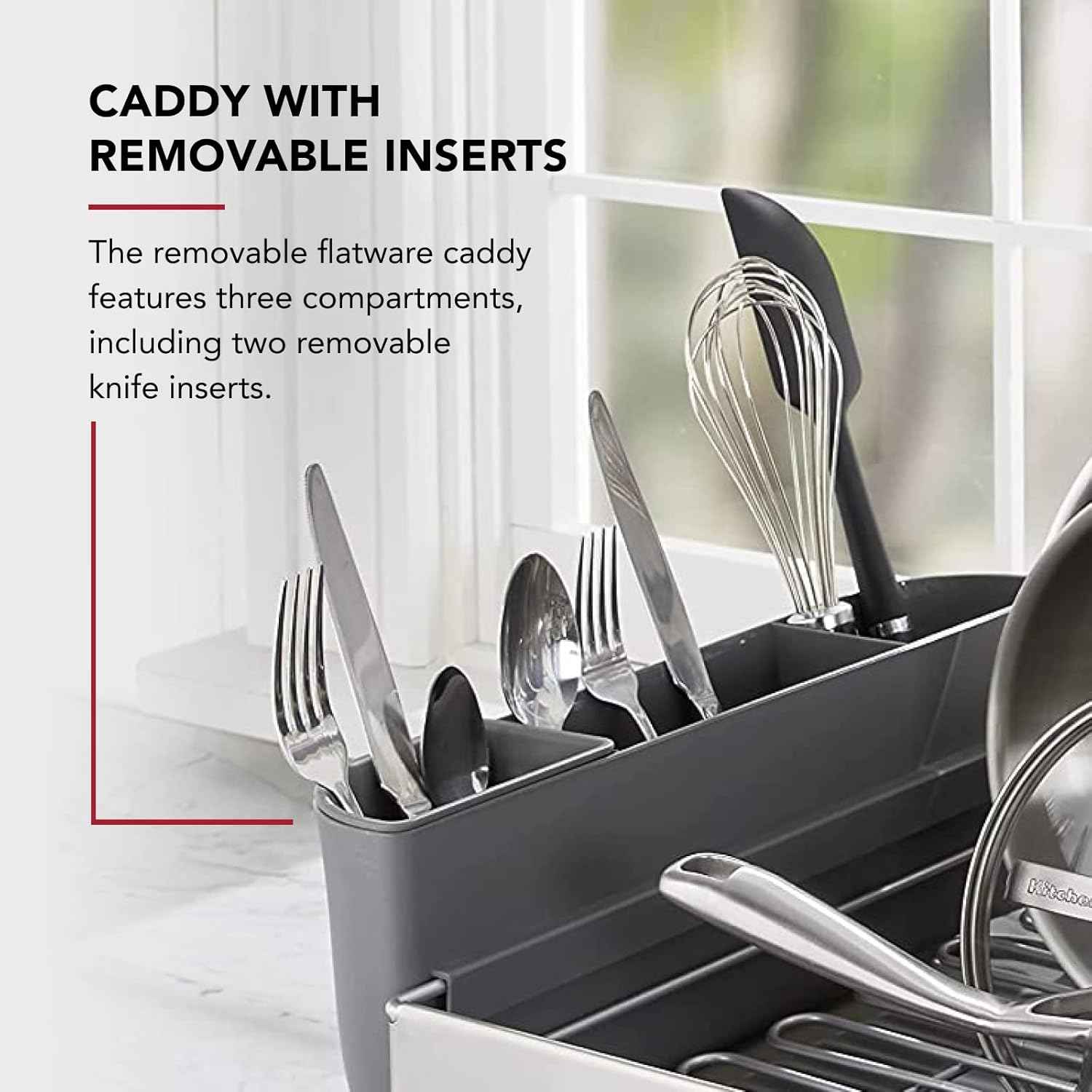 KitchenAid Large Capacity, Fully Size Self Draining Rust Resistatant Satin Coated Dish Rack with Removable Flatware Caddy 20.47-Inch, Gray