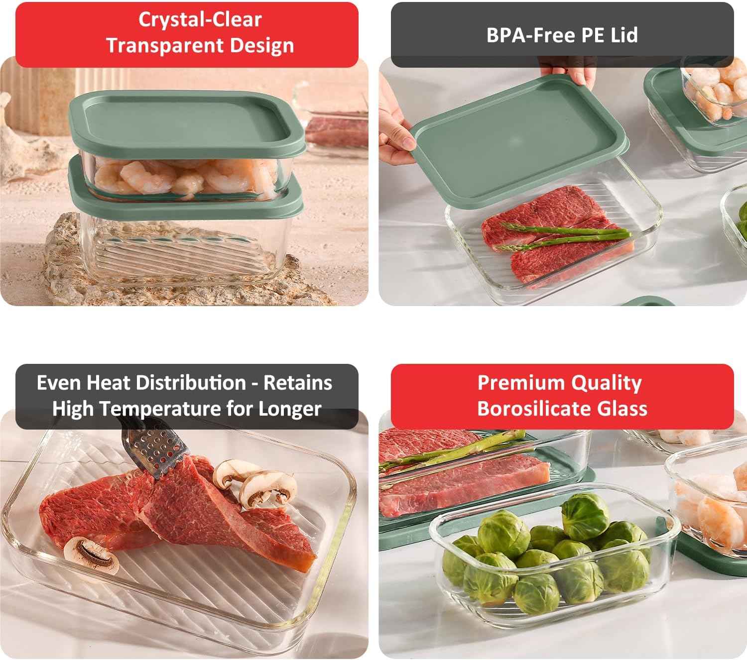 EATEX 14 Pack Glass Meal Prep Containers with Grooved Base, 14 Stackable BPA Free Glass Storage Containers with Lids for Lunch, Pantry, and Kitchen - Microwave, Dishwasher Freezer & Oven Safe - Sage