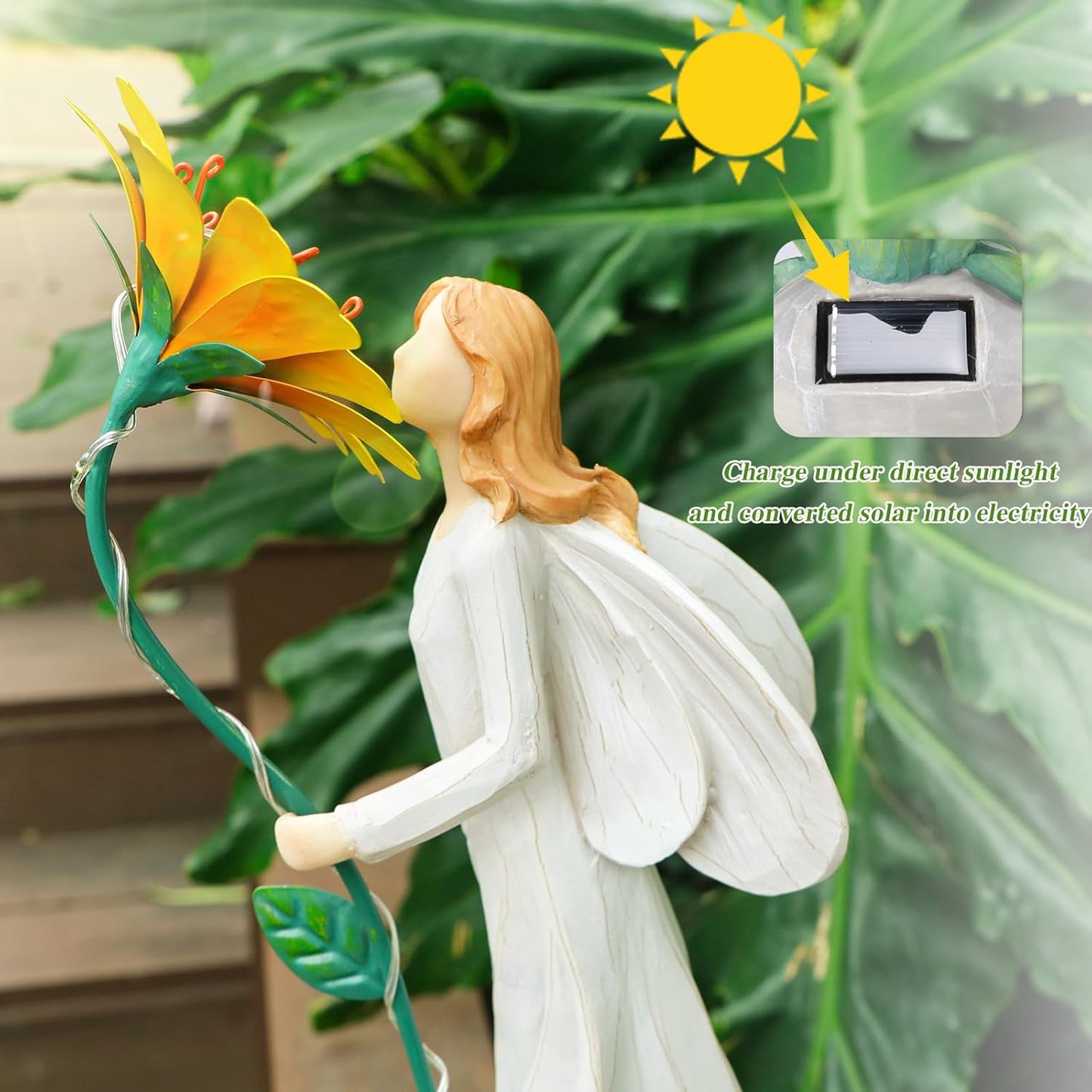 Fairy Garden Statue Outdoor Decor, Solar Powered Garden Sculptures Fairy Resin Statues Waterproof Yellow Flower Solar LED Lights Yard Art Decorations for Outside Patio Lawn Decor
