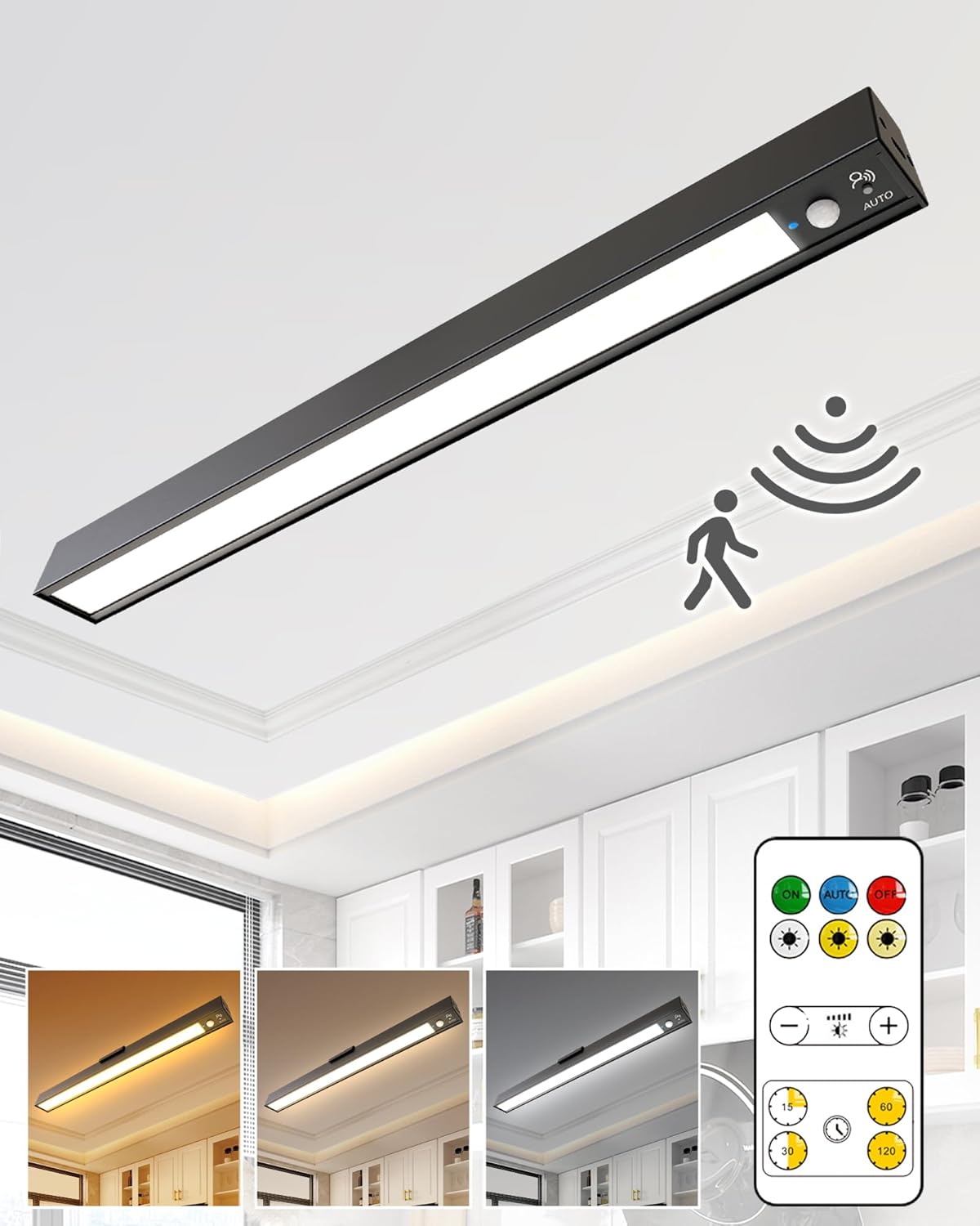 Rechargeable Motion Sensor Ceiling Light, Full Metal Battery Powered LED Closet Light, 3 Color 500LM Dimmable with Remote & Timer, Magnetic Cordless Mount for Shower, Hallway, Garage, Pantry -Black