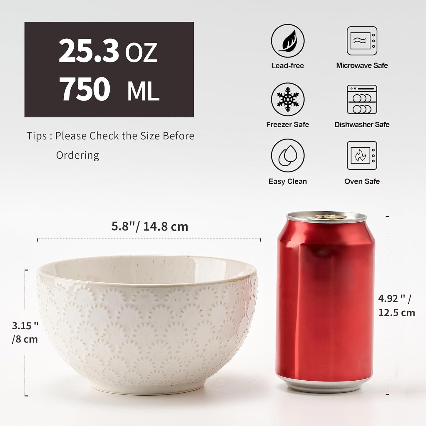 White Ceramic Bowls Set of 4, 25.3Fl Oz Pocerlain Soup Bowls 5.8" Cereal Bowls Rice Bowls for Kitchen, Serving Bowl Set for Entertaining, Dinner, Party - Housewarming Gift Idea