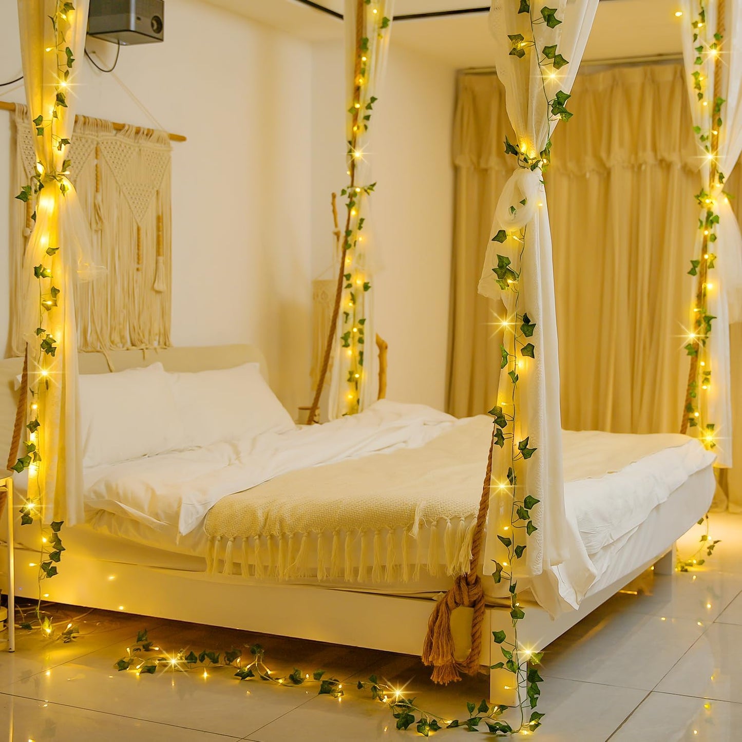 JMEXSUSS 100 LED Vines with Lights Plug in, Ivy Vines with Fairy Lights with Remote, 33 FT Leaf String Lights Waterproof for Room Bedroom Wall Fireplace Decoration（Warm White）