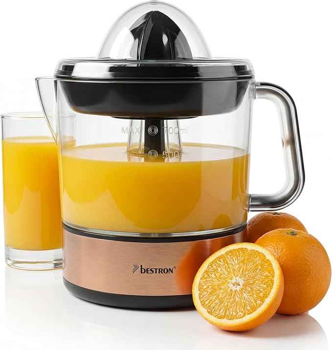 Bestron Juicer, electric citrus and orange juicer, incl. 2 juicer cones and aromatic lid, motor with two directions of rotation (left/right), capacity: 0.7 litres, 40 watts, covers
