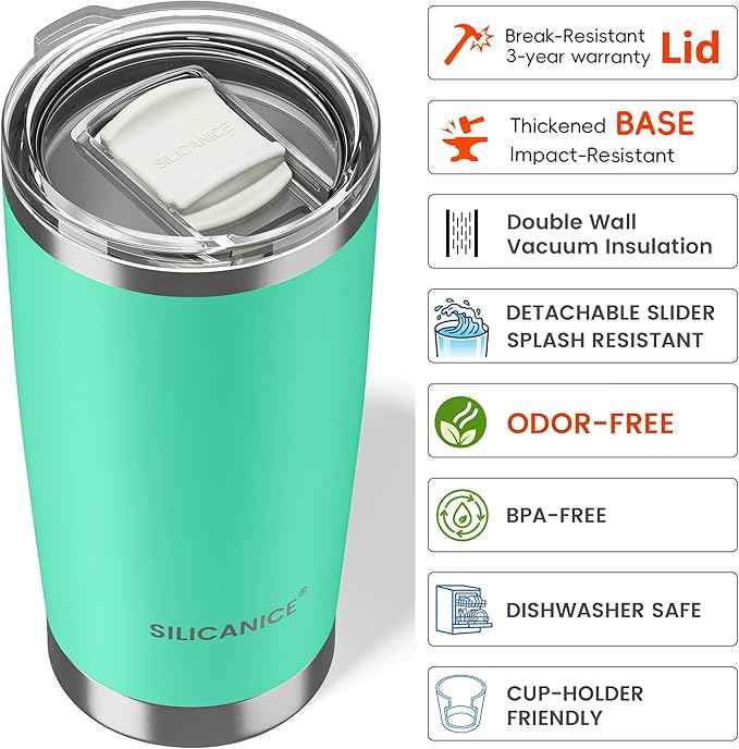 Coffee Tumbler 20 oz, Double Wall Stainless Steel Travel Coffee Mug with Removable Slider Lid, BPA Free, Car Cup Holder Compatible - Gym/Office/Travel/Home -Tropical Teal
