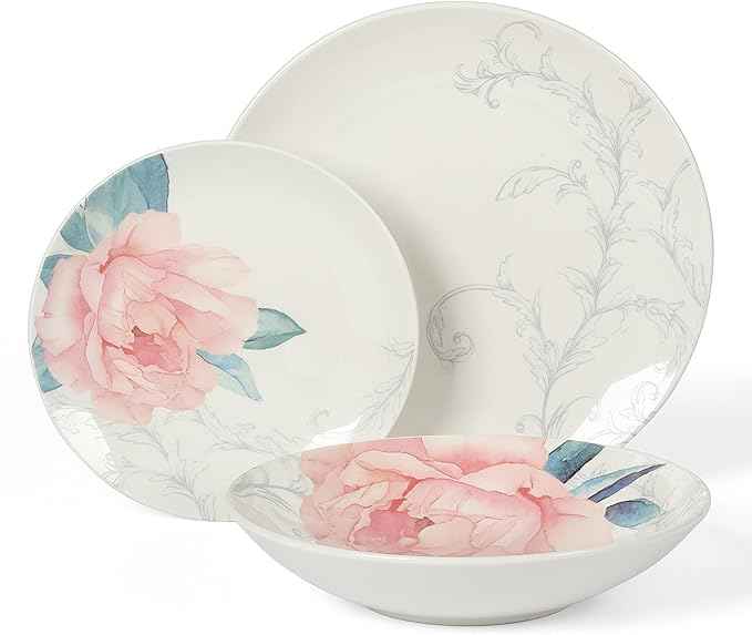 Martha Stewart Peony 12 Piece Porcelain Floral Chip and Scratch Resistant Dinnerware Set