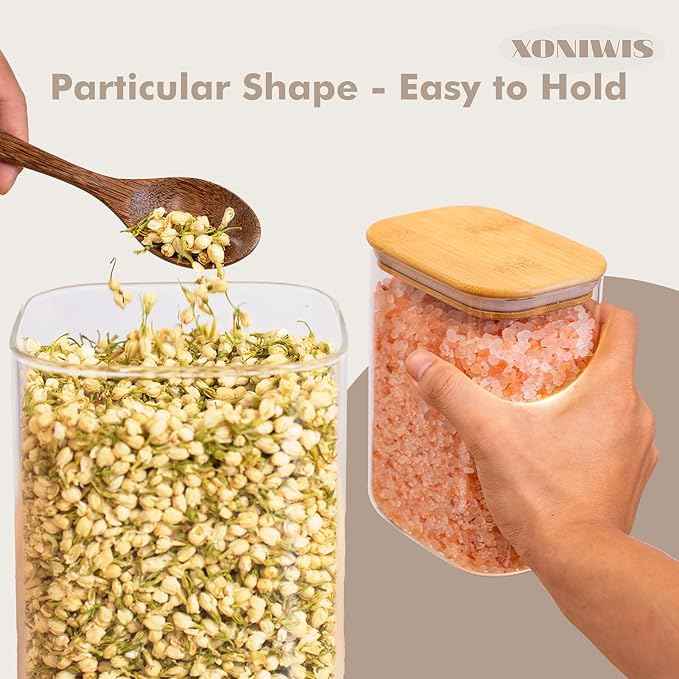 54oz 3PCS Rectangle Glass Storage Containers with Lids, Glass Jars with Bamboo Lids, Clear Food Storage Jar, Sugar Coffee Containers, Pantry Container for Pasta, Rice, Flour, Oats, Tea