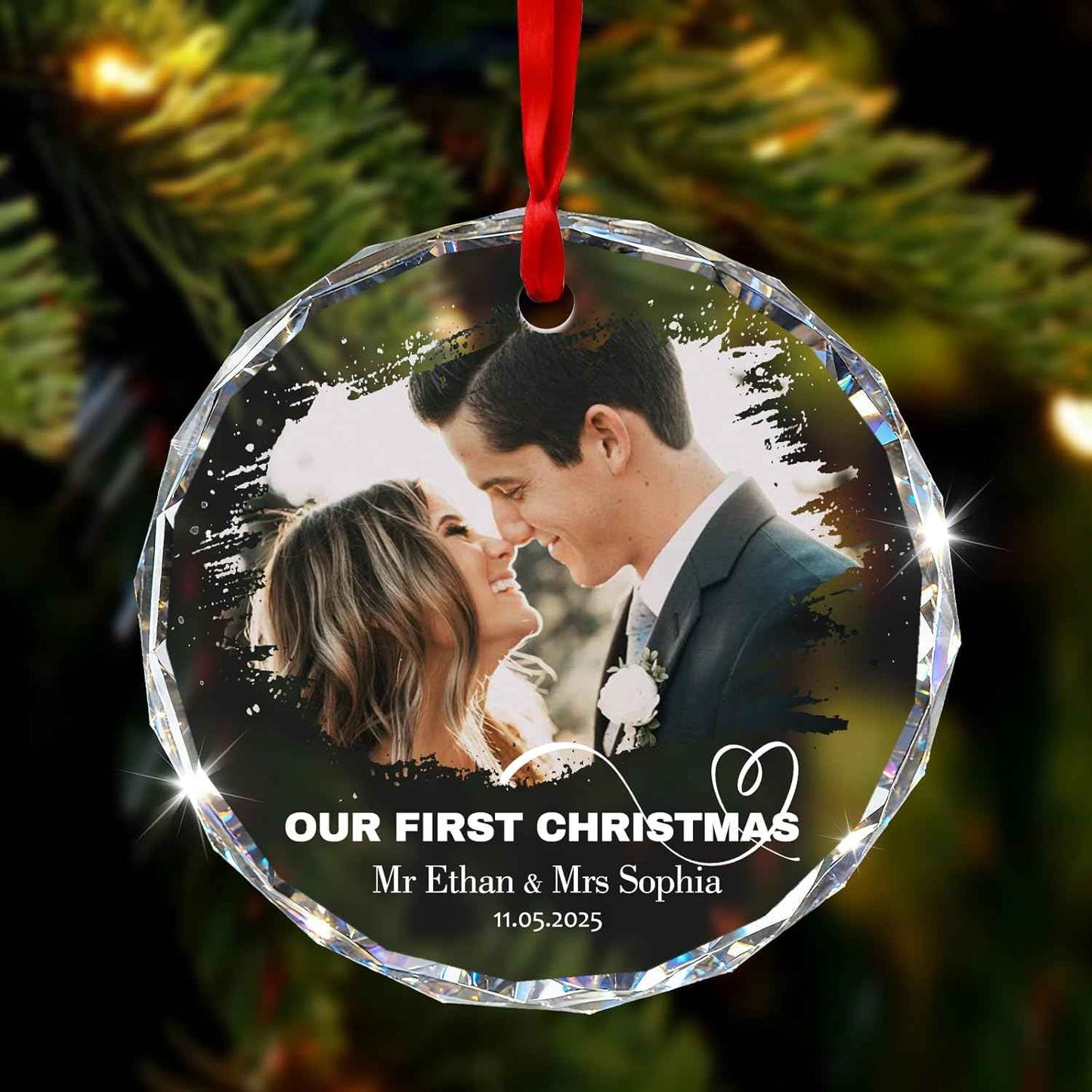 Personalized First Christmas Married Ornament 2025 - Custom 3D Crystal Photo Wedding Ornaments, Personalized Xmas Gifts for Couples (Married)