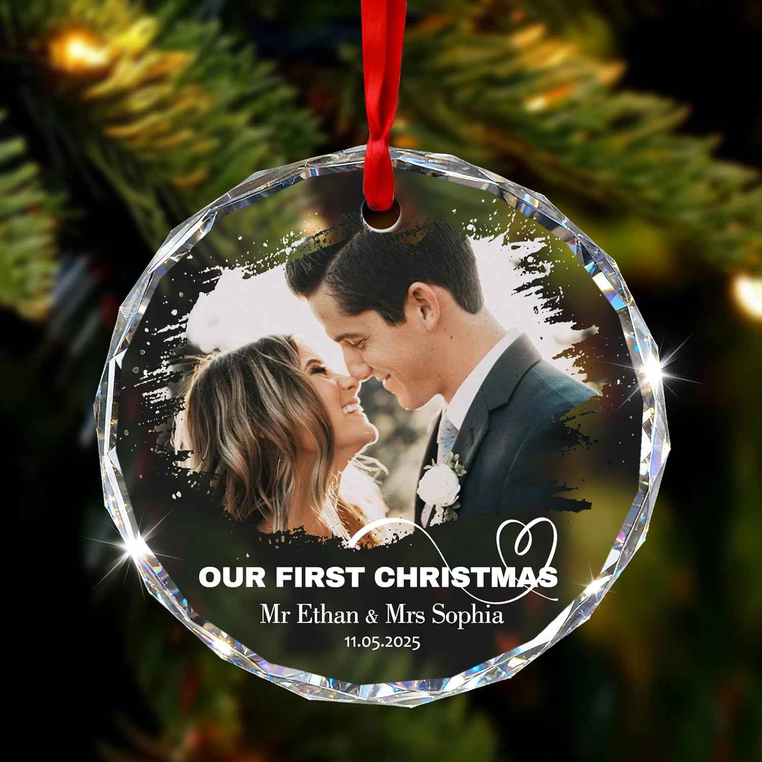 Personalized First Christmas Married Ornament 2025 - Custom 3D Crystal Photo Wedding Ornaments, Personalized Xmas Gifts for Couples (Married)
