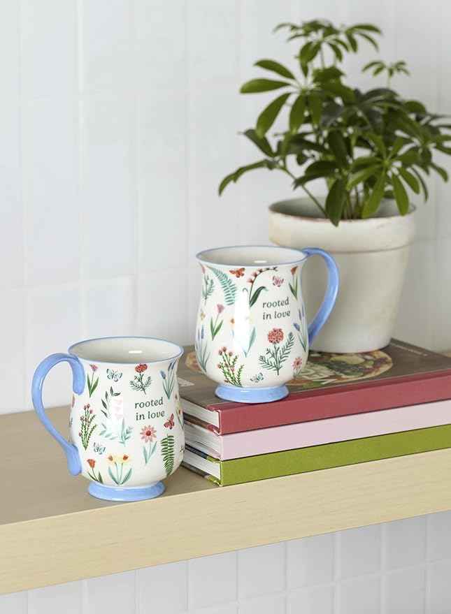 Oneida Coffee Mug Set, First Blooms Blue Mugs 2 Pieces, Service For 2, Porcelain Material, 12 Ounce Capacity, Microwave And Dishwasher Safe, Ceramic Mugs, Coffee Cups, Tea Cup (Blue, 2 Pieces)