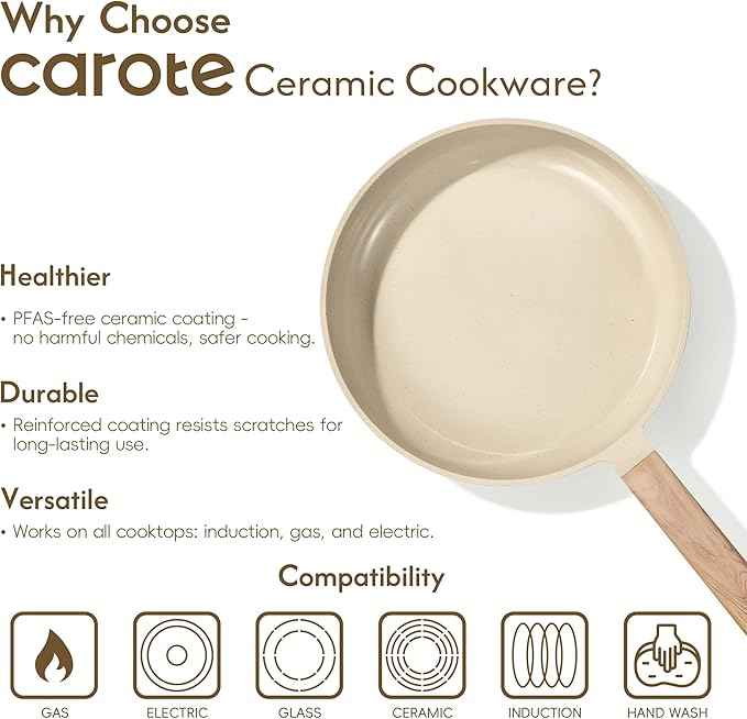 CAROTE 14Pcs Pots and Pans Set Non stick, Ceramic Cookware Set, Non-toxic Kitchen Cooking Set, PFAS and PFOA Free