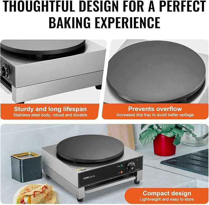 VEVOR Electric Crepe Maker, 16-Inch Commercial Crepe Machine, 1700W Flat Plate Crepe Griddle, Nonstick Stainless Steel Pancake Making Machine, Desktop Circular Cereals Pancake Stove with Temp Control