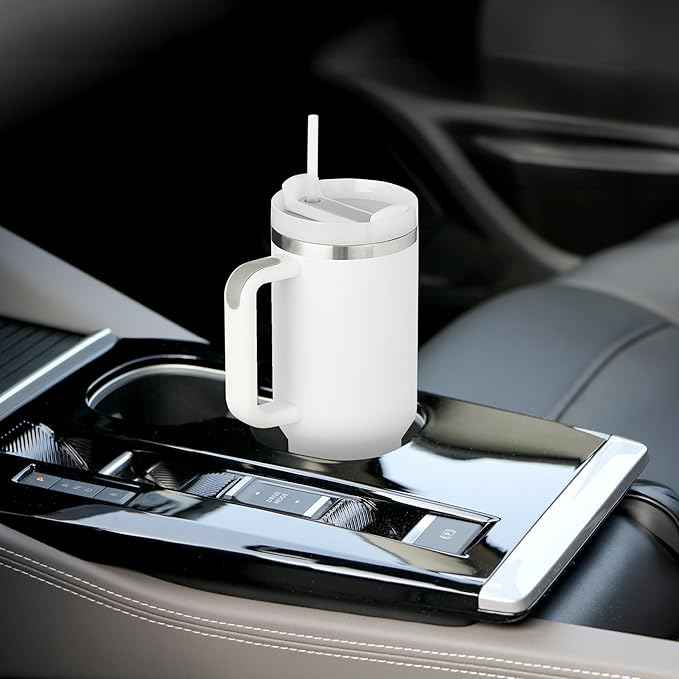 40oz Tumbler With Handle & Straw, Vacuum Insulated Stainless Steel Water Bottle With Leakproof Twist Sip Lid, Rubber Base, Dishwasher Safe, Cup Holder Friendly Travel Coffee Mug (White)
