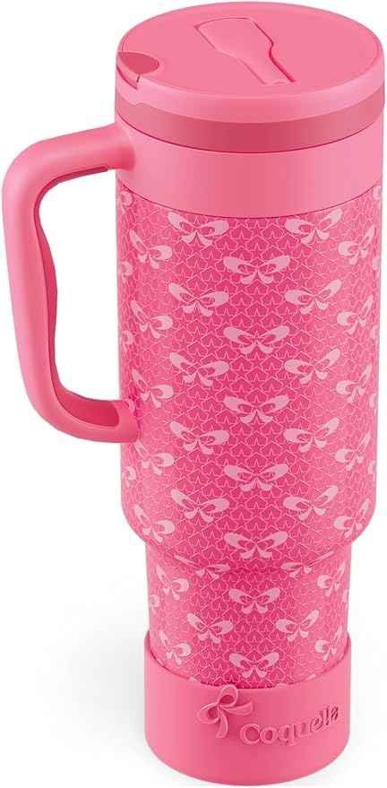 40 oz Insulated Tumbler with Handle and Push-Button Straw Lid, Stainless Steel Travel Cup for Gym Office, Leakproof, BPA-Free, Cup Holder Friendly, Bow Silicone Boot, Pink (Coquette Fuchsia)