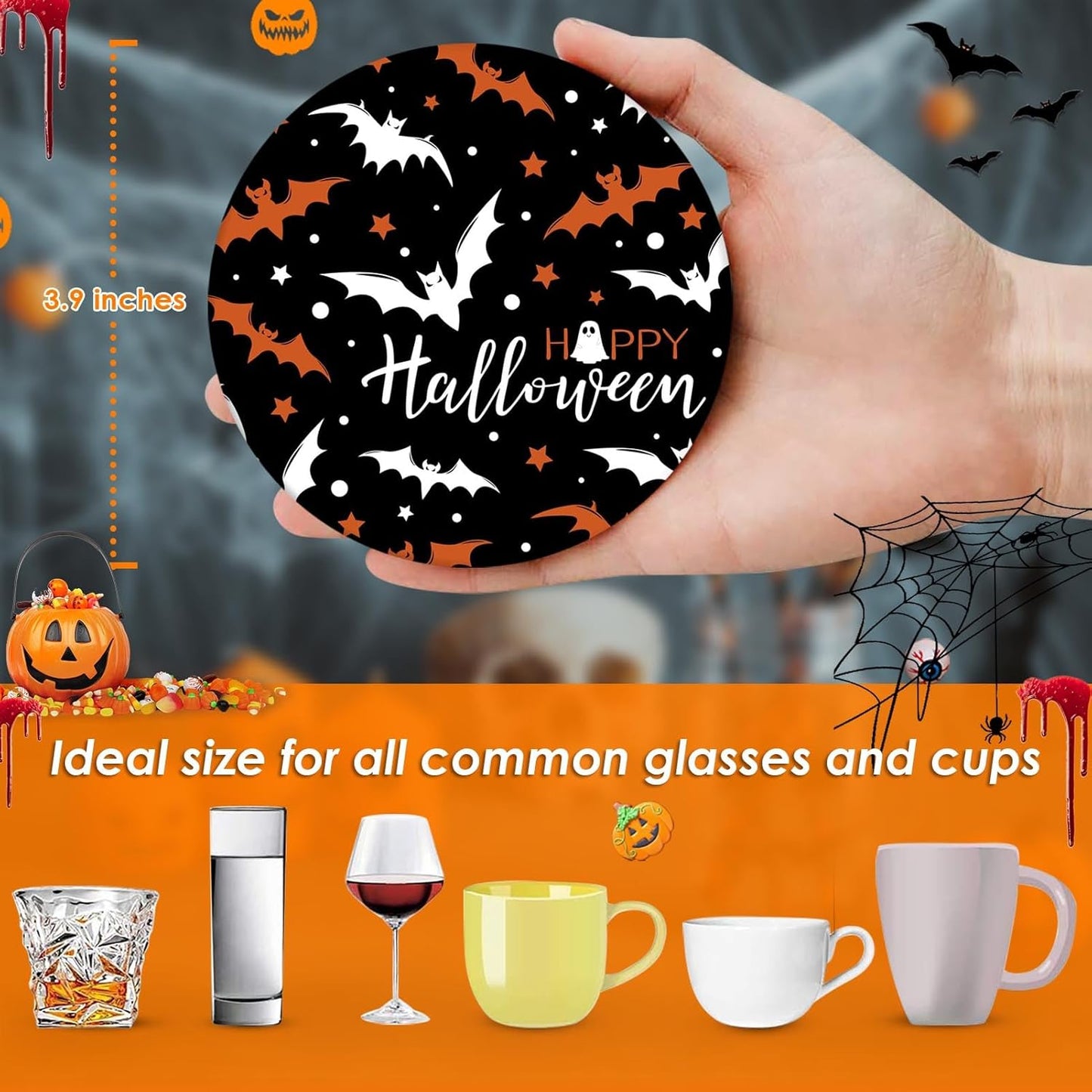Coaster for Drinks Set of 6, Halloween Ghost Pumpkins Bats Holiday Black Absorbent Round Ceramic Stone Mat, with Cork Base and Metal Holder, Gift for Housewarming Room Bar Decor