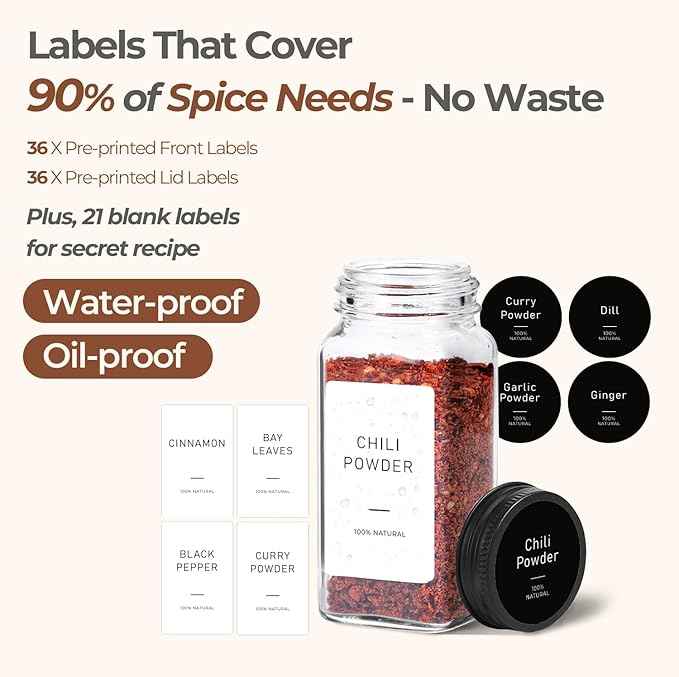 ComSaf Glass Spice Jars with Label, 24Pcs 4oz, 93 Labels, a Metal Funnel, Extra Shaker Lids, Empty Spice Containers and Square Spice Bottles for Kitchen and Seasoning