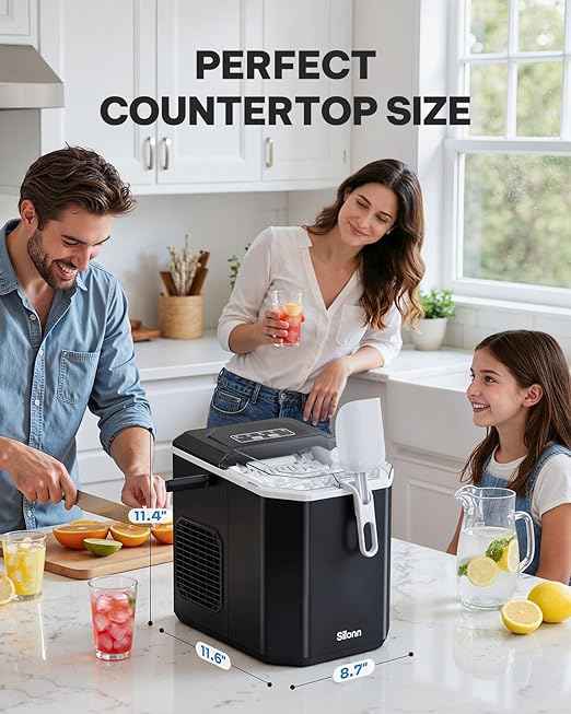 Silonn Countertop Ice Maker, Portable Bullet Ice Machine with Handle, 26 lbs/Day, 9 Ice Cubes in 6 Minutes, Self-Cleaning, Includes Basket & Scoop, for Home Kitchen Camping RV