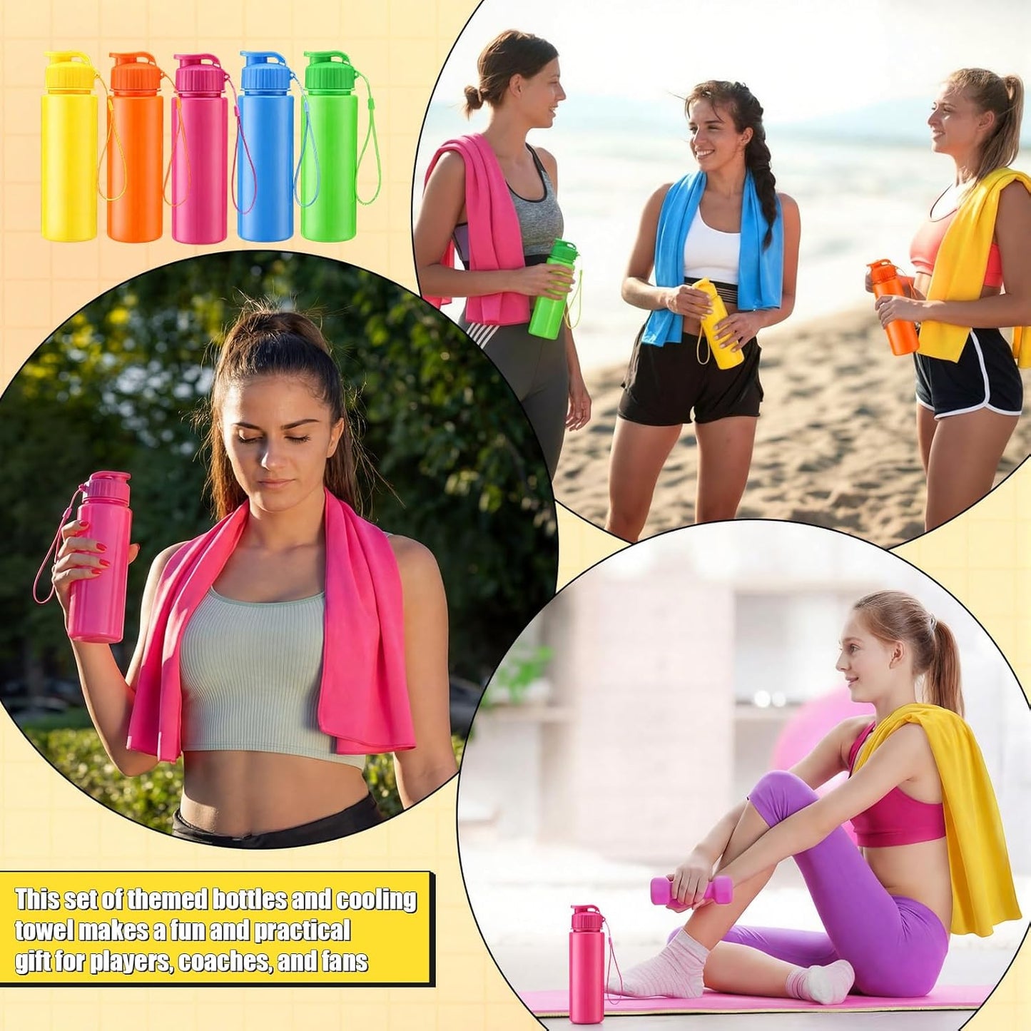 Reallnaive 24 Pcs 17 oz Plastic Water Bottles Bulk and Cooling Towel Set Reusable Gym Sport Colorful Water Bottles 40"x12" Breathable Ice Cooling Towels for Team Sport Travel Summer Gift